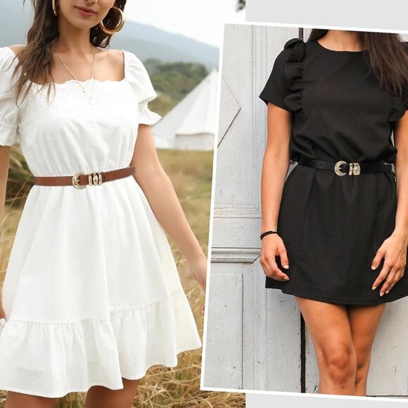 Womens Leather Belts 2 Pack Skinny Gold Buckle Adjustable Fits Waist 29-50 - Picture 5 of 5